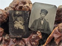 Two Antique Tin Type Photographs + Stamp