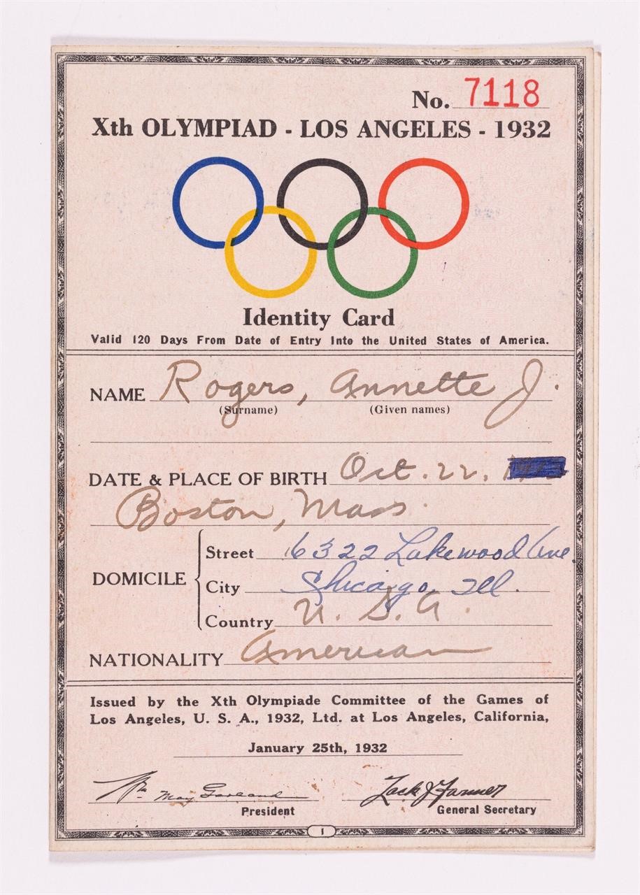 1932 OLYMPIC ATHLETE'S COMPETITOR PASS AND ARCHIVE