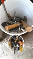 Bucket of tools, hammers screwdrivers
