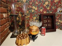 2 Beer flutes on Wood stand, copper mold &