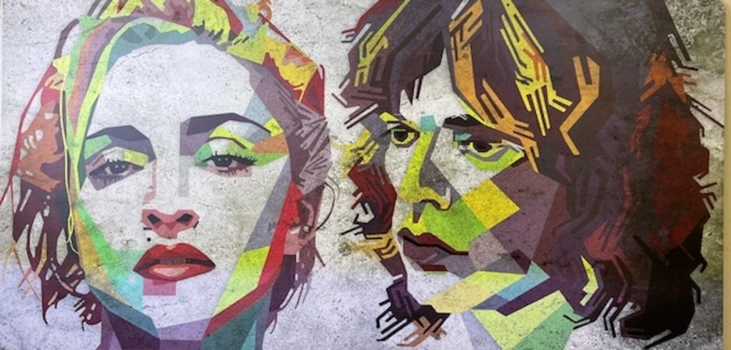 PRINT OF MADONNA & MICK JAGGER ON CEMENT BOARD