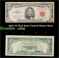 1963 $5 Red Seal United States Note Grades vf, ver