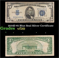 1934D $5 Blue Seal Silver Certificate Grades vf, v