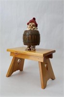 Wooden Stool w Gnome in Barrel Figurine