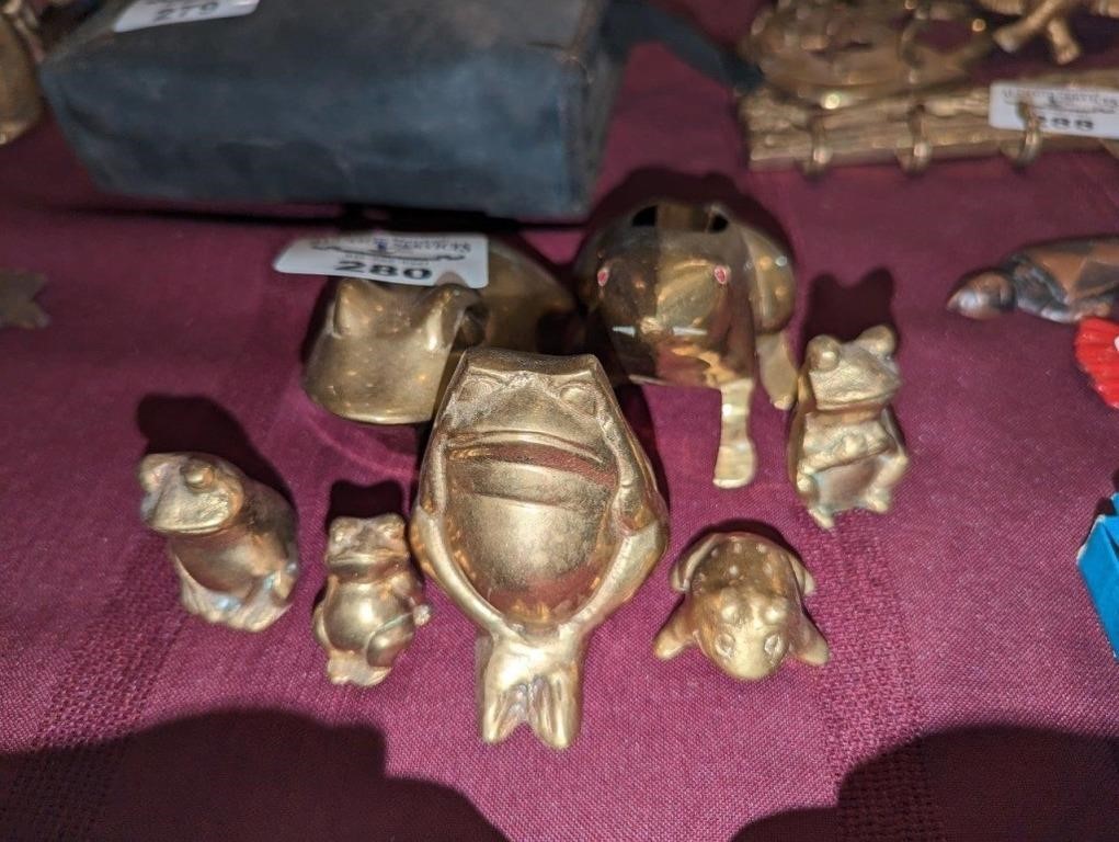 Brass Frog ash tray, trinket box & statues
