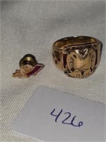 10k Gold Masonic Double Eagle Ring & 14K Sword Pin