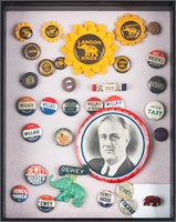32 POLITICAL BUTTONS WITH DISPLAY CASE