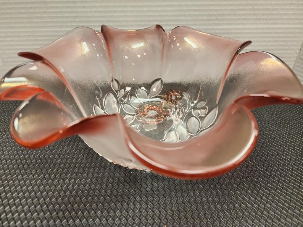 Vintage pink glass etched floral bowl.
No