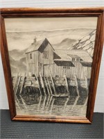 Pencil drawing of fishing warf framed print by