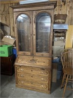 Large oak antique secretary with carving and