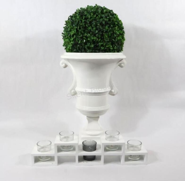 Resin White Urn w Faux Boxwood & Candle Holder