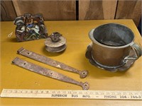 Barn, hinges, antique Cooley, copper pot, and