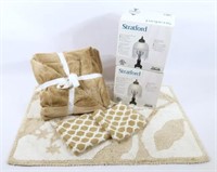 Throw Blanket, Bath Mat, Towels and 2 Table Lamps
