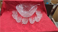 GLASS PUNCH BOWL WITH 8 GLASSES AND LADLE