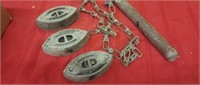 OLD STEEL IRONS AND CHAIN AND WEIGHT