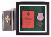 SOVIET MEDAL WITH CERTIFICATE AND FLASK
