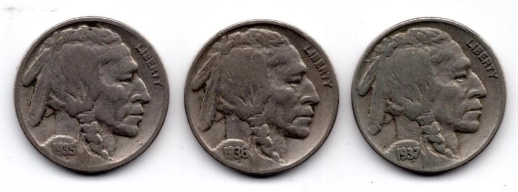 1935, 1936, 1937 US Buffalo Nickels