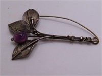 Hallmarked Vtg 3.5" Sterling Flower Pin Purple 12g