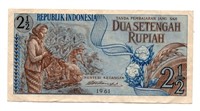 1961 Indonesia 2 1/2 Rupiah Note
