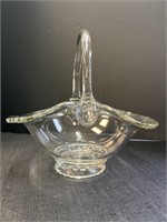 Clear glass large handled basket, marked D.T.