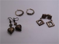(3prs) Sterling asst Earrings Heart~Dangle~Loop17g