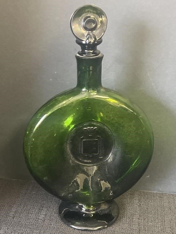 Green art glass decanter with hat stopper