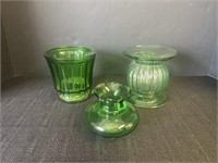 3 green glass vases/candleholders