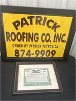 Patrick Roofing framed adv. & share certificate