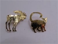 (2) signed WiLL BRYDE goldtone Moose & Cat Pins