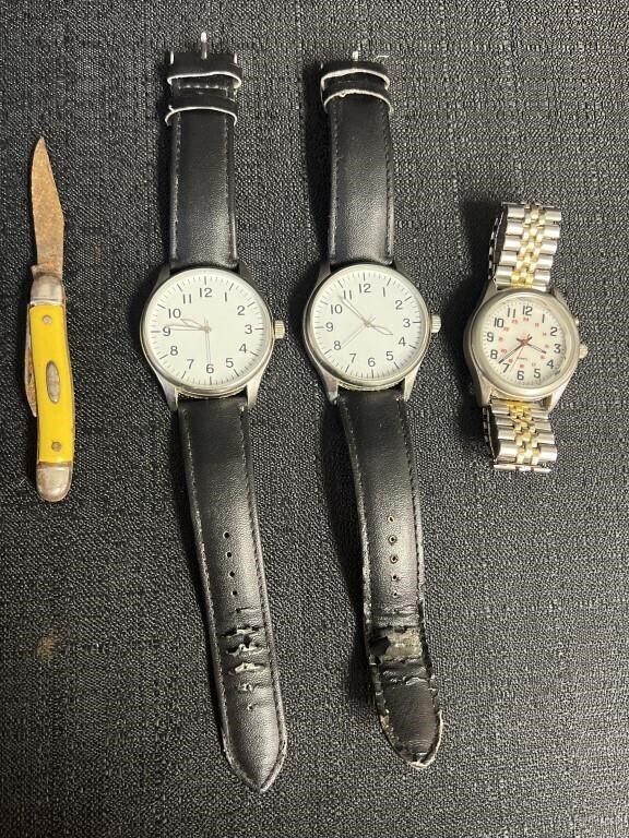 3 men’s watches, Japan movement & pocket knife