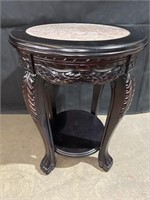 Dark walnut round parlor table w/marble insert