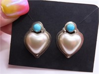 Sterling Heart Blue/White 1" Earrings 6g