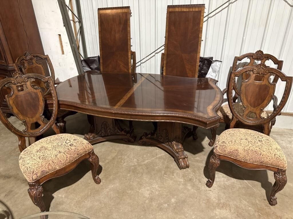 Dbl. pedestal dining room table, 6 chairs, 2 leav