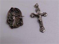 (2) Sterling Religious Cross Pendant & Pin vtg