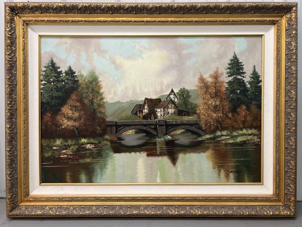 Oil painting of village signed by Bradley
