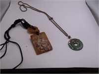 (2) Oriental Themed Stone Pendant Necklaces carved