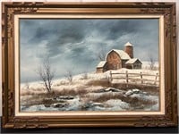 Winter barn painting on canvas, Everett Woodson