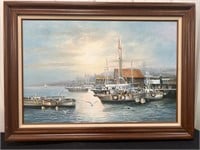 Boat & harbor painting on canvas, signed but