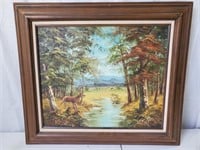 Deer in River Painting - Hand Carved Frame