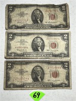 (3) 1953 $2 Red Seal Notes