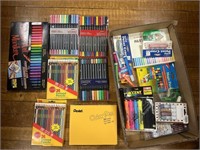LARGE LOT OF COLORED PENCILS, HIGHLIGHTER, MARKERS