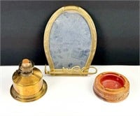 Brass Horseshoe Mirror, Oil Lamp and Ashtray