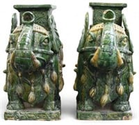 Pr. of Large Asian Majolica Elephant Stands, AS IS