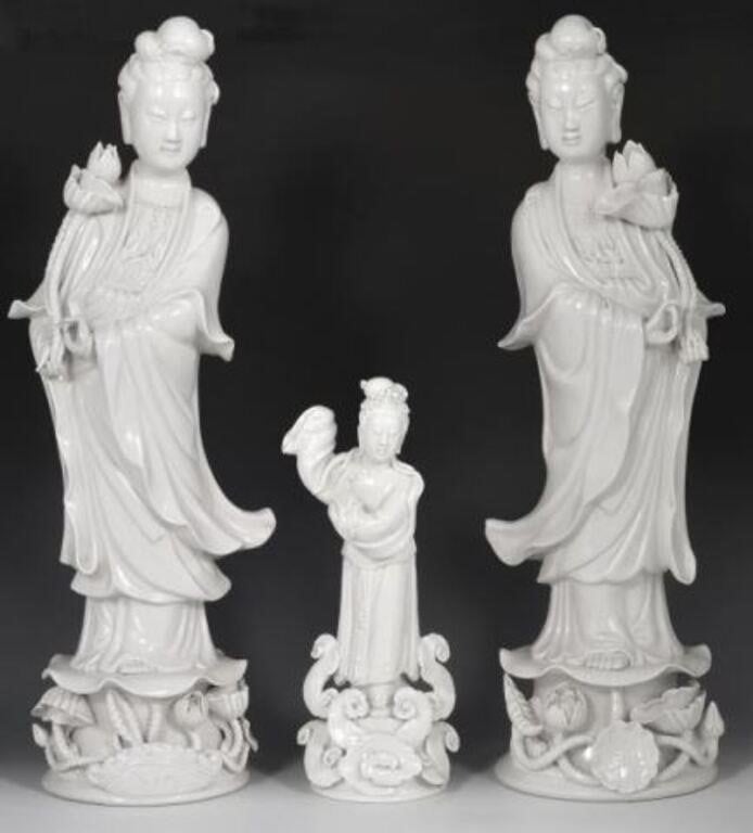 Lot of 3 Chinese Blanc de Chein Guan Yin Figures.