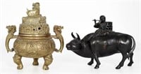 Lot: Chinese Bronze Censer & Metal Ox Figure.