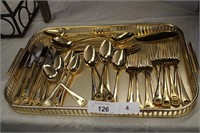 GOLD TONE FLATWARE AND TRAY