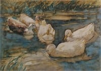 Antique Watercolor Ducks on a Pond