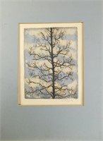 Etching Hand Colored Tree Clouds Signed