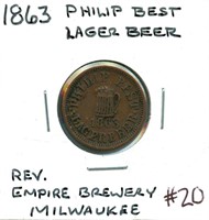 1863 Philip Best / Lager Beer / Milwaukee Token -