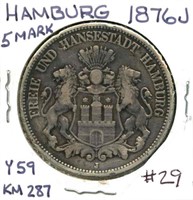 1876 Hamburg 5 Mark Silver - Nice, Dollar Size